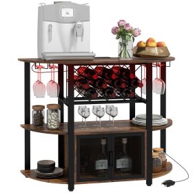 Wine Liquor Cabinet, Mini Bar Table Wine Stand with Charging Station, LED Lighted & Glass Holders for Home, Rustic Brown