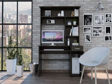 Black Wengue 2-Drawer 7-Shelf Computer Desk with Hutch