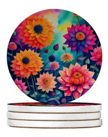 Colorful Dahlias Large Sandstone Coasters Pack of 4 Absorbent Round Coasters Decor Gifts for Men or Women, 4 in, Multicolor