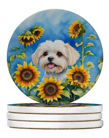 Maltese in Sunflowers Large Sandstone Coasters Pack of 4 Absorbent Round Coasters Decor Gifts for Men or Women, 4 in, Multicolor