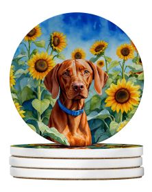 Vizsla in Sunflowers Large Sandstone Coasters Pack of 4 Absorbent Round Coasters Decor Gifts for Men or Women, 4 in, Multicolor
