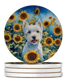 Westie in Sunflowers Large Sandstone Coasters Pack of 4 Absorbent Round Coasters Decor Gifts for Men or Women, 4 in, Multicolor
