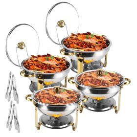 4Pcs Chafing Dish Buffet Set 4.76QT Round Buffet Servers Food Warmer Stainless Steel Catering Chafer With Glass Lid For Warming Cooling Gathering (Option: Silver)